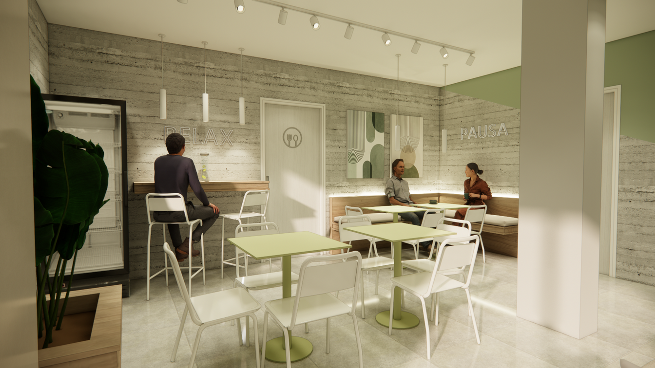 Comedor y área lounge en tonos verde salvia y hormigón